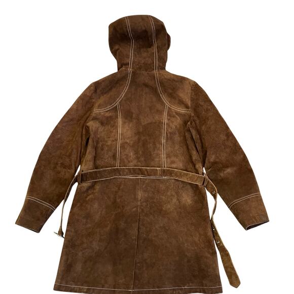 Vintage Retro 70s 80s Suede Jacket Hip Length Hooded Belted Brown Fitted XS - Picture 7 of 16